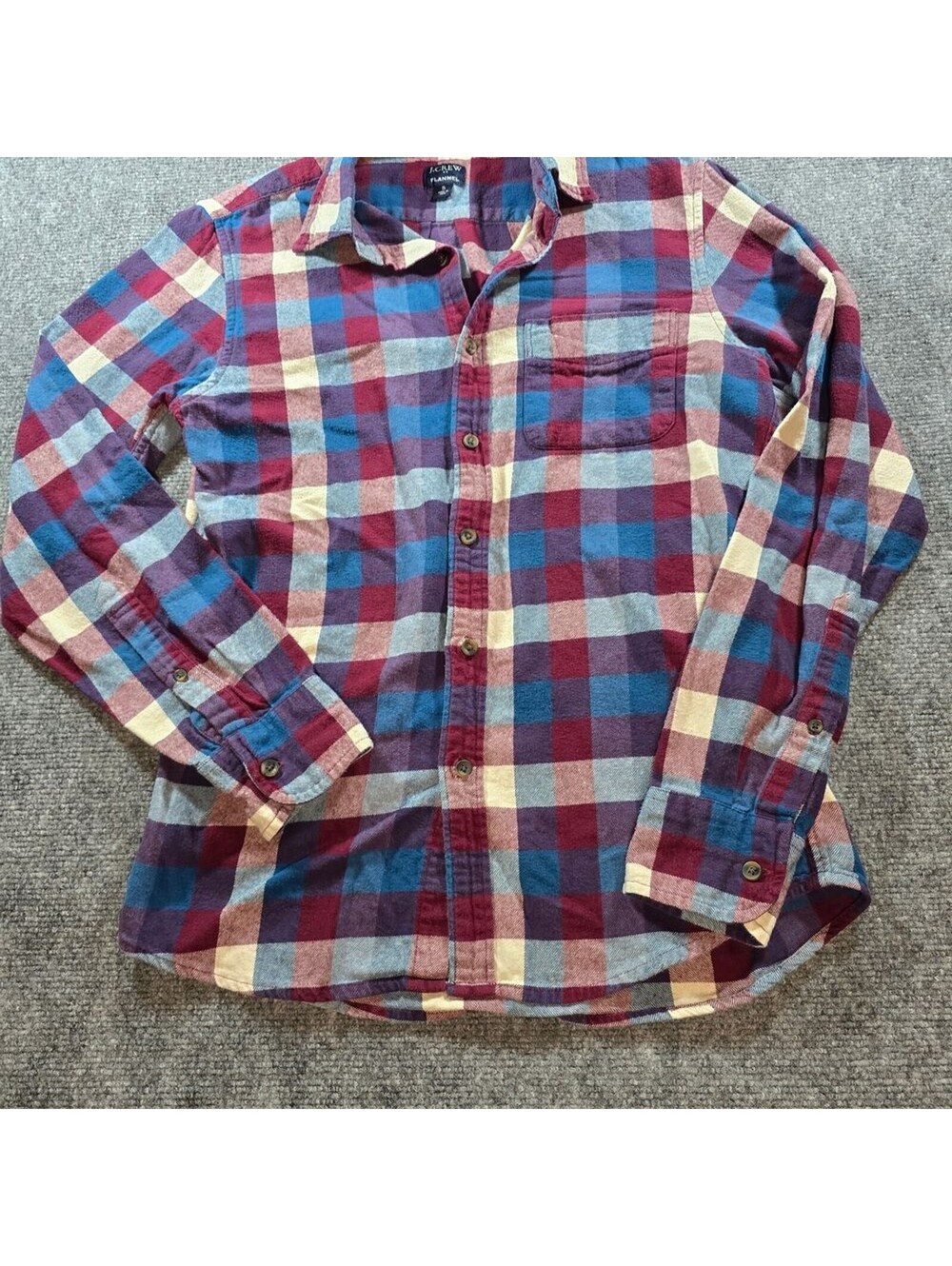 J.Crew Flannel Shirt Mens S Burgundy Blue Plaid Button Down Cotton Casual